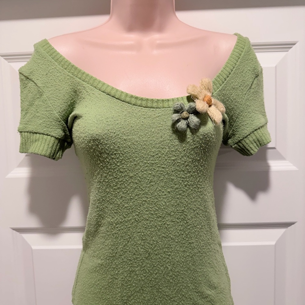 Monteau Green Off-Shoulder Sweater with Floral Details